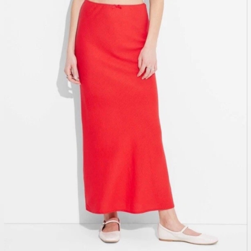 Nwt Red Linen Rayon Maxi Skirt Size Large